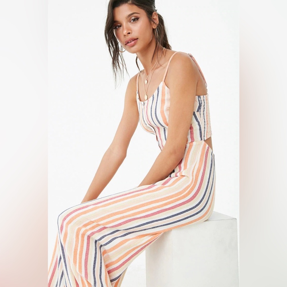 🛑 Forever 21 Vibrant Multicolor Striped Linen-blend Jumpsuit